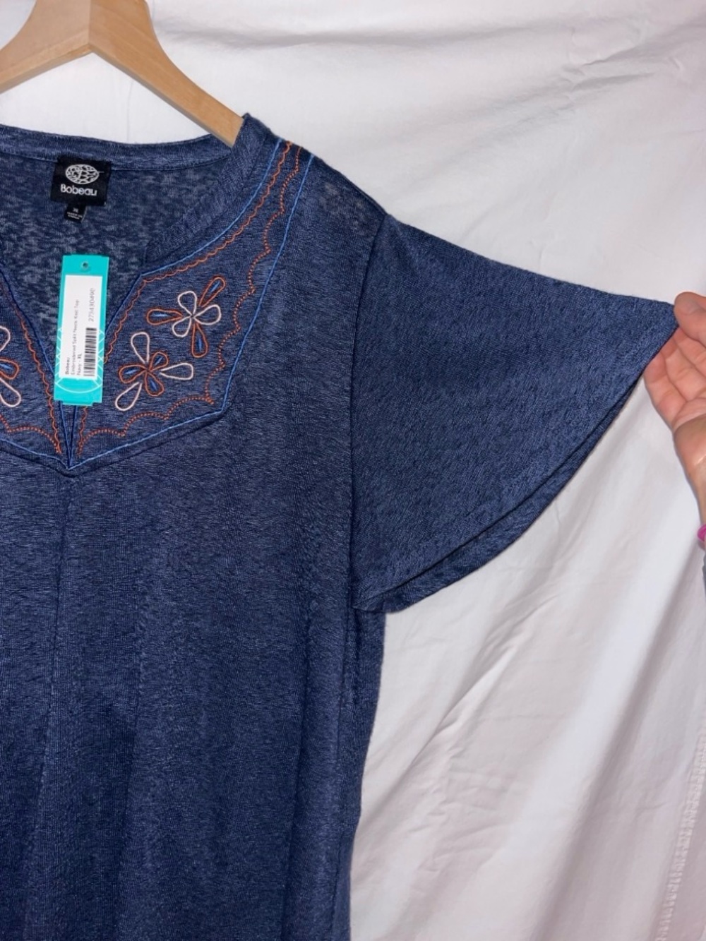 bobeau Navy Embroidered V-Neck Flutter Sleeve Top